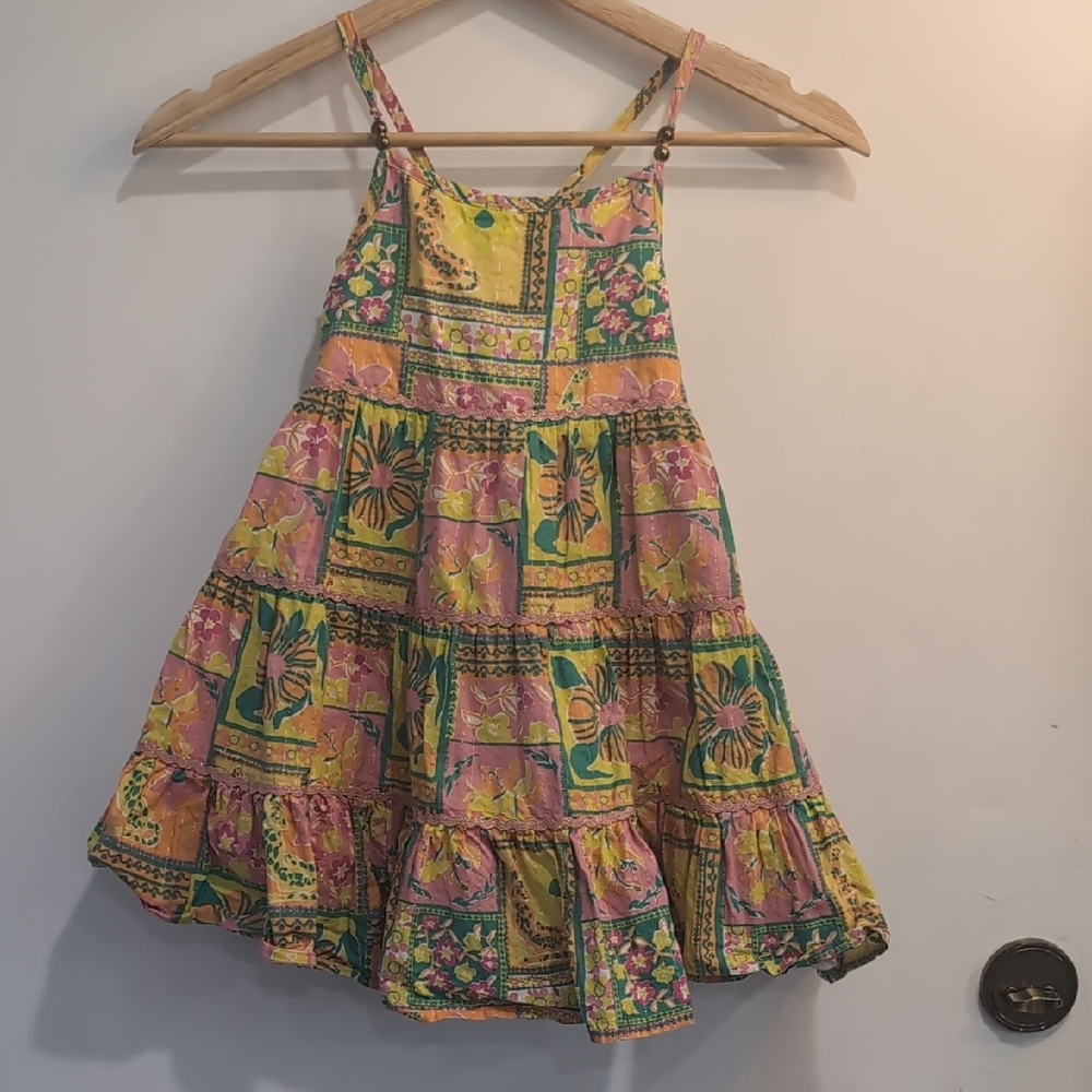 Etta Vee Girls' Patchwork Floral Tiered Sundress - Pink & Yellow Metallic Sz 5